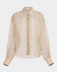 Striped Paillette Crispy Silk Chiffon Button-Down Blouse