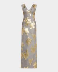 V-Neck Metallic Floral Jacquard Empire Gown
