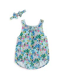 Baby Girl's Floral Headband & Pleated Bubble Romper - Aqua - Size 18 Months