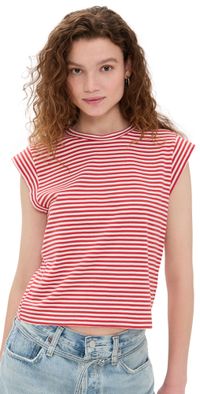 THE GREAT. The Peak Shoulder Tee Sun Cherry Stripe 0