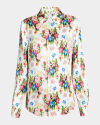 Floral-Print Button-Down Silk Blouse