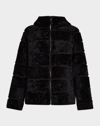 Horizontal Curly Lamb Shearling Zip Jacket With Hood