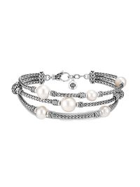 Women's Classic Chain Silver & 7-10MM Pearl Triple Row Bracelet - White - Size Small