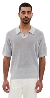 FRAME Open Weave Polo Sweater Grey Blue M