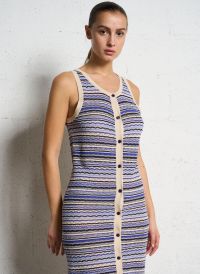 Suncoo - Robe longue Col V rayée en lin et en coton mélangé - Taille 3 - Bleu