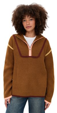 English Factory Contrast Piping Quarter Zip Sweater Mocha Multi L