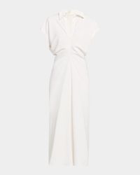 Draped Linen Twill Ankle Polo Dress With Monili Trim