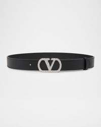 VLogo Signature Crystal-Embellished Leather Belt, 30mm
