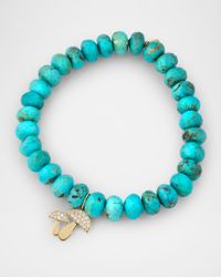 14K Gold Diamond Pave Mushroom Charm Turquoise Beaded Bracelet