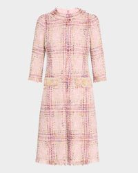 Beaded Fringe-Trim Plaid Tweed Midi Dress