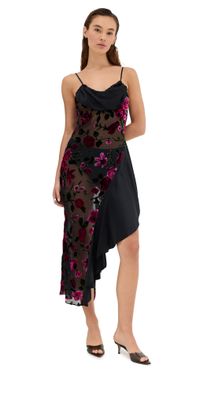 Rodarte Floral Devor Slip Dress with Satin Detail Black And Pink 8