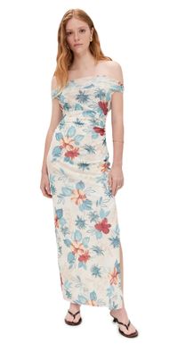 WAYF Marina Ruched Midi Dress Blue Hibiscus L