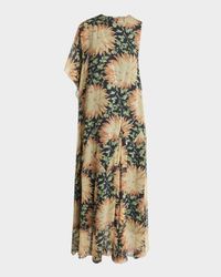 Long Floral Print One-Sleeve Chiffon Silk Dress