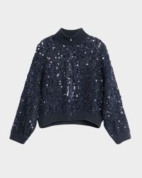 Wool-Cashmere Paillette Open-Knit Zip Cardigan