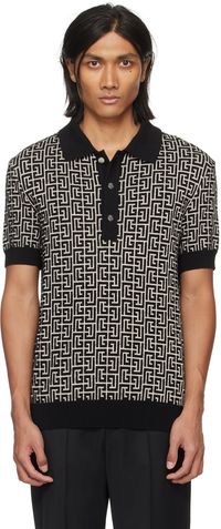 Balmain Polo noir et beige à monogrammes