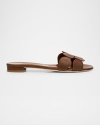Circle-Cut Leather Flat Slide Sandals