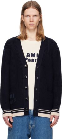 AMI Paris Navy Wool Ribbed Cardigan