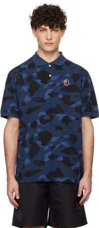 BAPE Polo bleu marine à motif camouflage et à écusson à logo