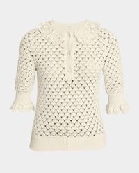 Lace-Collar Open Knit Polo Top