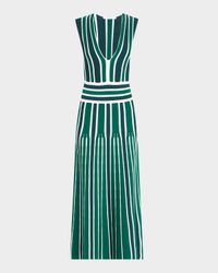 Tallone Plunging Stripe Pleated Knit Midi Dress