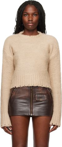 GUESS USA Pull beige en tricot brossé à col ras du cou