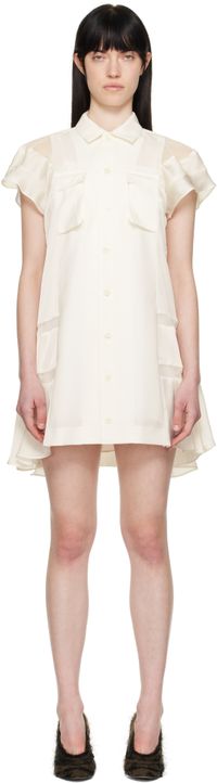 sacai Robe courte blanc cassé en tissu de costume et en satin