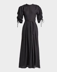 Linnea Ruched-Sleeve Pleated Linen Maxi Dress With Belt