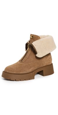 Coach Leah Platform Suede Shearling Zip Booties Coconut/Natural 10