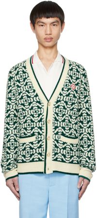 Casablanca Cardigan vert et blanc à motif à logo en tricot jacquard