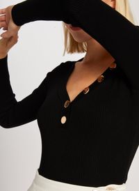 Morgan - Pull Col V boutonné en maille côtelée - Taille XL - Noir