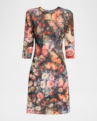 Floral & Butterfly-Print Mesh Midi Dress
