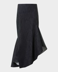 Asymmetric Flared-Hem Stretch Denim Midi Skirt