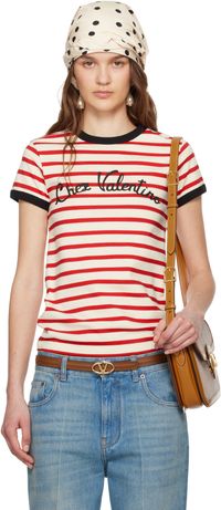 Valentino Red & Off-White Striped Jersey Cotton T-shirt