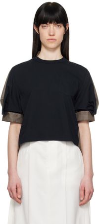 sacai Navy & Brown Spun Organza & Cotton Jersey T-shirt
