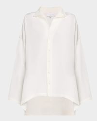 Wide A-Line Shirt with Open Standup Collar (Mid Plus Length)