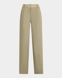 Leather-Waist Pleated Cotton Straight-Leg Trousers