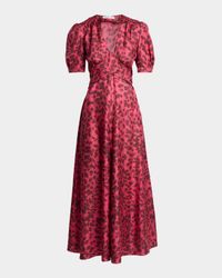 Larkin Printed Satin Puff-Sleeve Midi Dress
