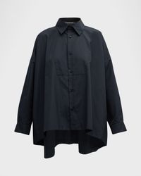 High-Low Button-Front Mid Plus Shirt with a Bib Front