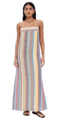 STAUD Laura Linen Dress Market Stripe L