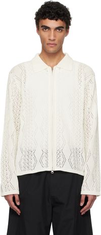 AMOMENTO White Crochet Zip-Up Cardigan