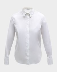 Cotton Poplin Button-Front Top with Monili Trim