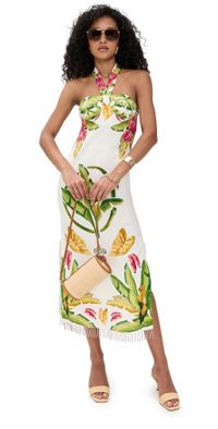 FARM Rio Summer Foliage Scarf Midi Dress Off White Multi M