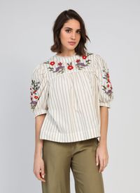 An'ge - Blouse ample rayée à broderies - Taille XL - Beige