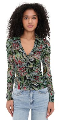 alice + olivia Portia Ruched Mesh Button Down Paisley Poem XS