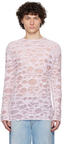 Acne Studios Pull étagé rose et blanc en tricot à mailles ouvertes