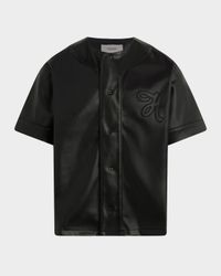 Men's Tonal Embroidered Faux Leather Baseball Jersey