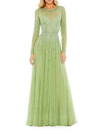Women's Sequined Long-Sleeve Illusion Gown - Sage - Size 18