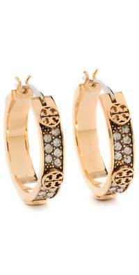 Tory Burch Small Icon Pave Hoop Earrings Tory Gold/Crystal One Size