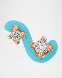 9K Yellow Gold and Blue Enameled Sterling Silver Diamond Mini Loop Earring, Single