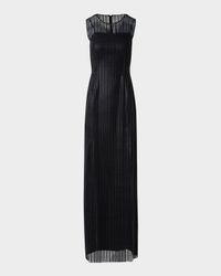 Stripes Embroidered Techno Sleeveless Slits Gown